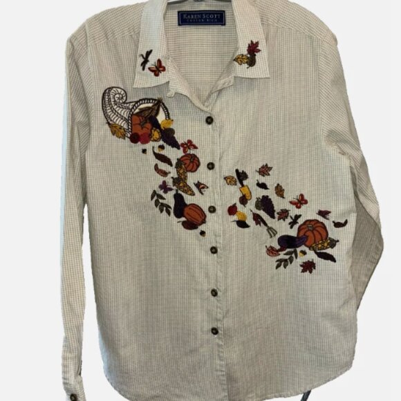 Karen Scott Embroidered Fall Autumn Cornucopia Pumpkin Patch Shirt S, Fall - Picture 2 of 7